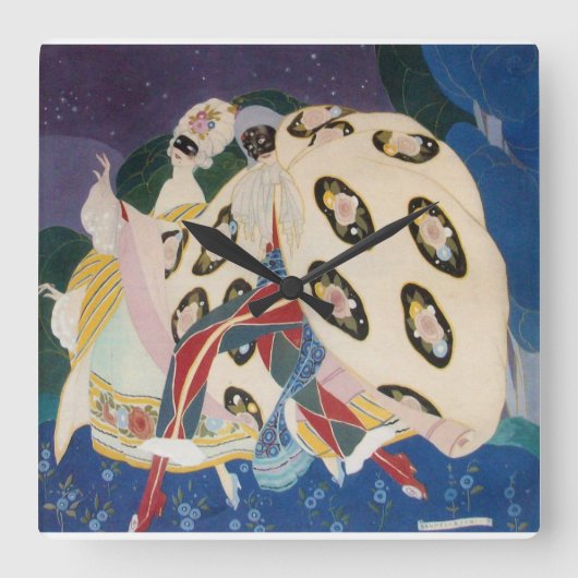 マスク付きノクターン/アールデコベネチアンマスカレード スクエア壁時計 (正面)