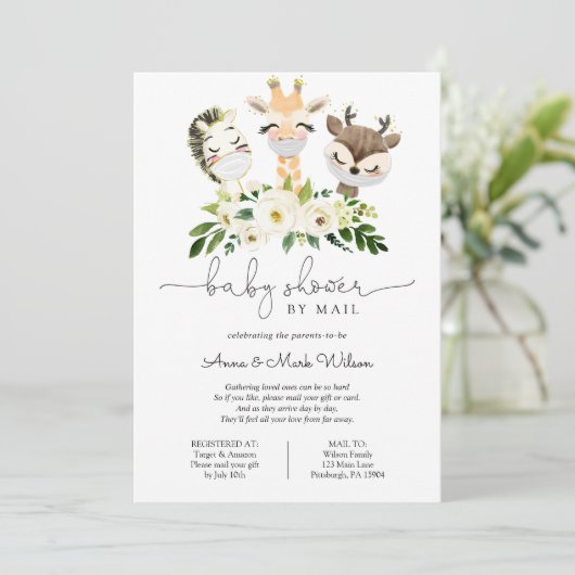マスク付きベビーアニマル郵便で赤ちゃんシャワー 招待状 (スタンド正面)