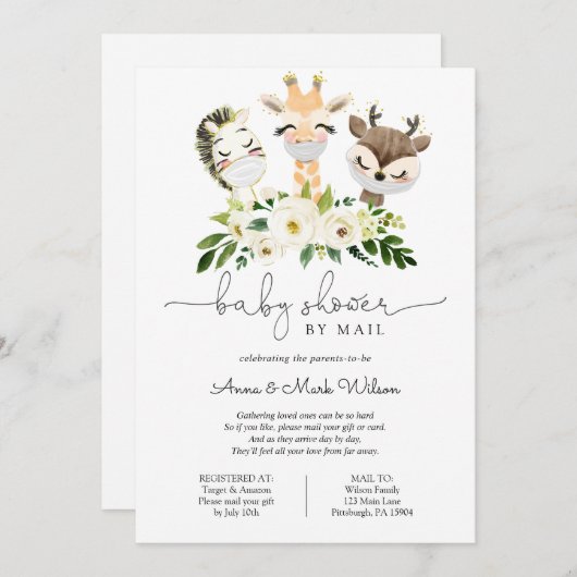 マスク付きベビーアニマル郵便で赤ちゃんシャワー 招待状 (正面/裏面)