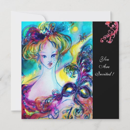 マスク付きレディ/ベネチアンマスカレードボール，ブラック 招待状 (正面)