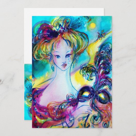 マスク付きレディ/ベネチアンマスカレードボール，金ゴールド 案内状 (正面/裏面)