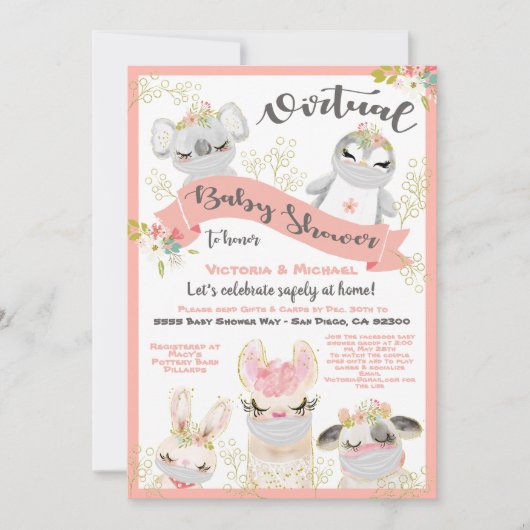 マスク付き仮想ベビーシャワー動物 招待状 (正面)