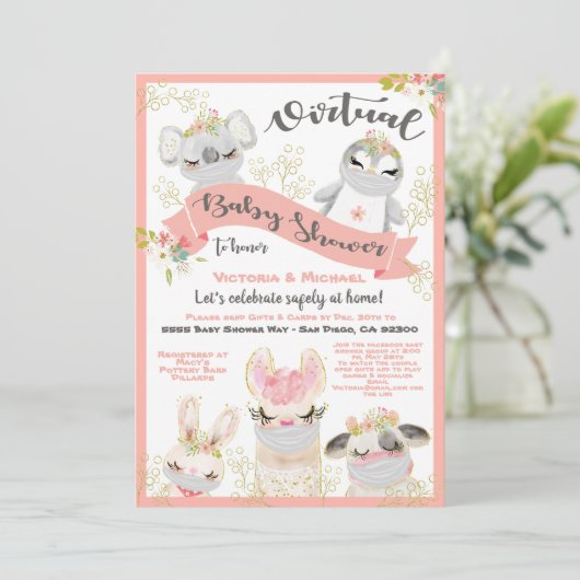 マスク付き仮想ベビーシャワー動物 招待状 (スタンド正面)