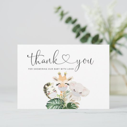 マスク付き水色のサファリ動物ありがとう カード (スタンド正面)