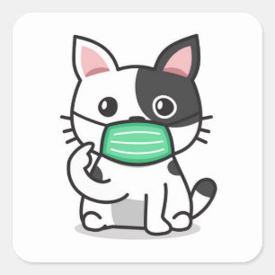 マスク付き黒白子猫のスクエアステッカー スクエアシール