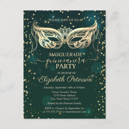 マスク金ゴールドダイアモンズグリーンキンセニェラ インビテーションポストカード (正面)