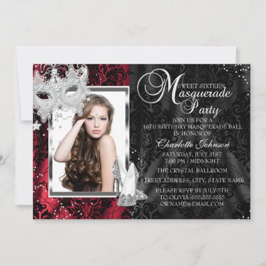 マスク&エレガントヒール赤い仮装スウィート16 招待状 (正面)