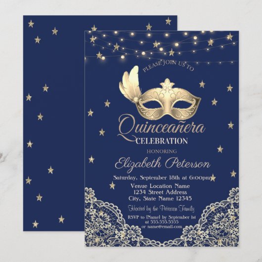 マスク,ストリングライト,レース,星のキンセアニエラ 招待状 (正面/裏面)