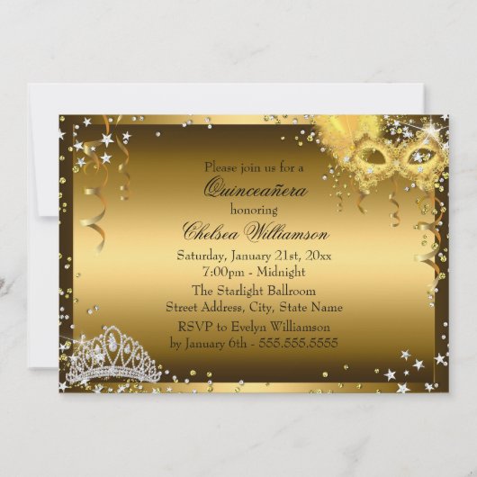 マスク&ティアラマスカレードキンセアニェラ金ゴールド招待状 招待状 (裏面)