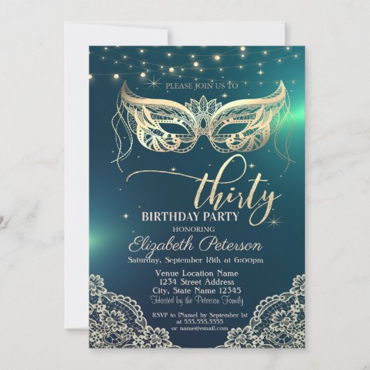 マスク、レース、ダイアモンズグリーン30th誕生日パーティー 招待状 (正面)