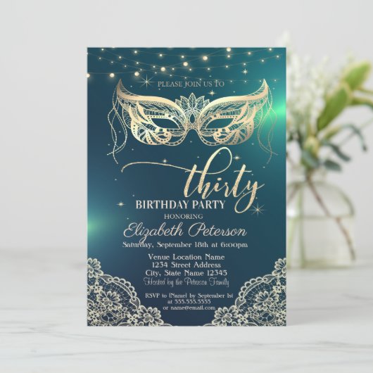 マスク、レース、ダイアモンズグリーン30th誕生日パーティー 招待状 (スタンド正面)