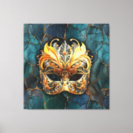 マスク、羽毛、ティール（緑がかった色）テクスチャの背景 キャンバスプリント