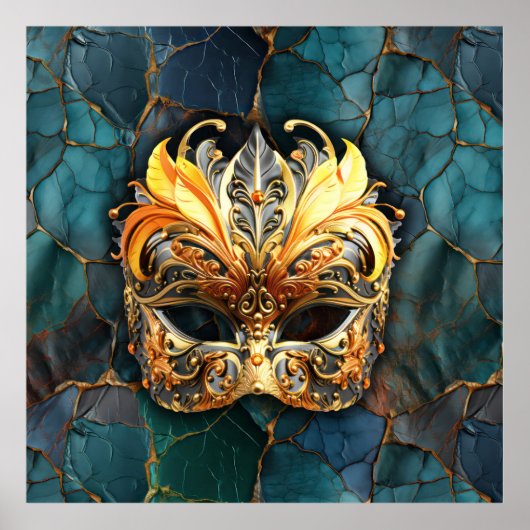 マスク、羽毛、ティール（緑がかった色）テクスチャの背景 ポスター (正面)