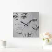 マスク-鉛筆スケッチ スクエア壁時計 (ホーム)