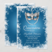マスク、雪の結晶、青いキンセイェーラ（Quinceañera）招待状 招待状 (正面/裏面)