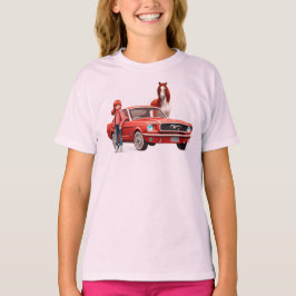 マスタング車の馬と赤毛の少女 Tシャツ