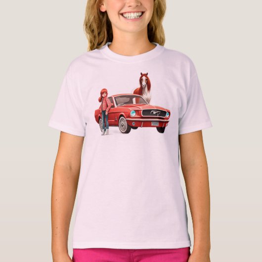 マスタング車の馬と赤毛の少女 Tシャツ (正面)