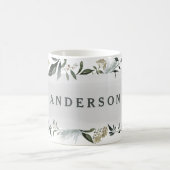 マスタードとオリーブの水色のパーソナライズされた葉 コーヒーマグカップ (中央)