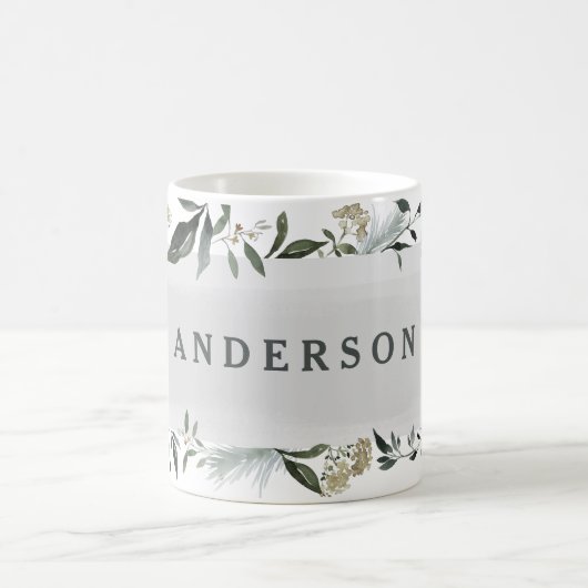 マスタードとオリーブの水色のパーソナライズされた葉 コーヒーマグカップ (中央)