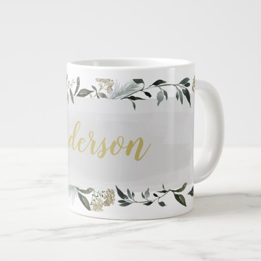 マスタードとオリーブの水色のパーソナライズされた葉 ジャンボコーヒーマグカップ (正面右)