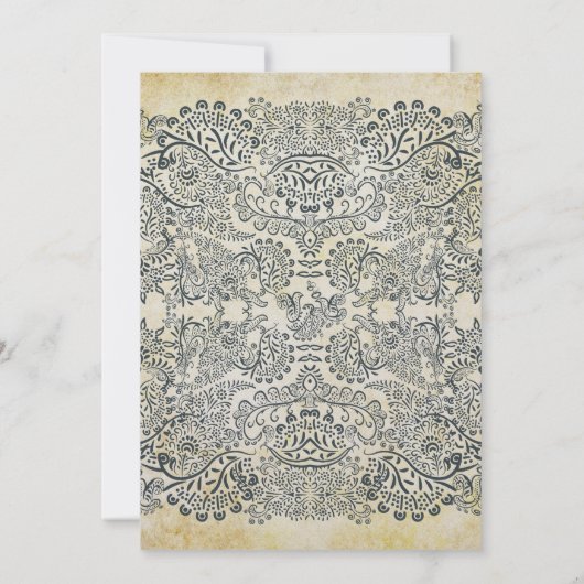 マスタードとネイビーピーコックラブバードパター結婚ン 招待状 (裏面)