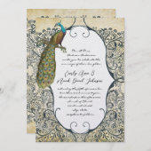 マスタードとネイビーピーコックラブバードパター結婚ン 招待状 (正面/裏面)