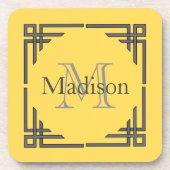 マスタードの黄色い灰色の幾何学的なボーダーモノグラムの名前 コースター (正面)