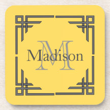 マスタードの黄色い灰色の幾何学的なボーダーモノグラムの名前