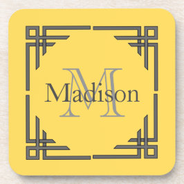 マスタードの黄色い灰色の幾何学的なボーダーモノグラムの名前 コースター