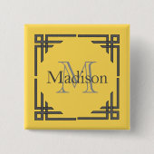 マスタードの黄色い灰色の幾何学的なボーダーモノグラムの名前 缶バッジ (正面)