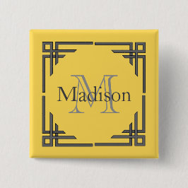 マスタードの黄色い灰色の幾何学的なボーダーモノグラムの名前 缶バッジ