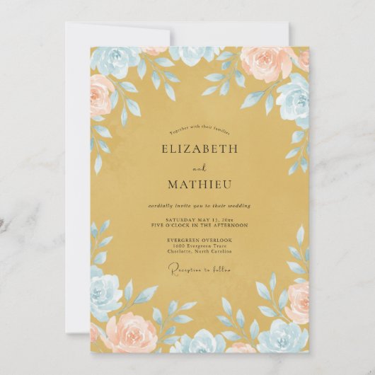マスタードアクアワイルドフラワーの結婚式 招待状 (正面)
