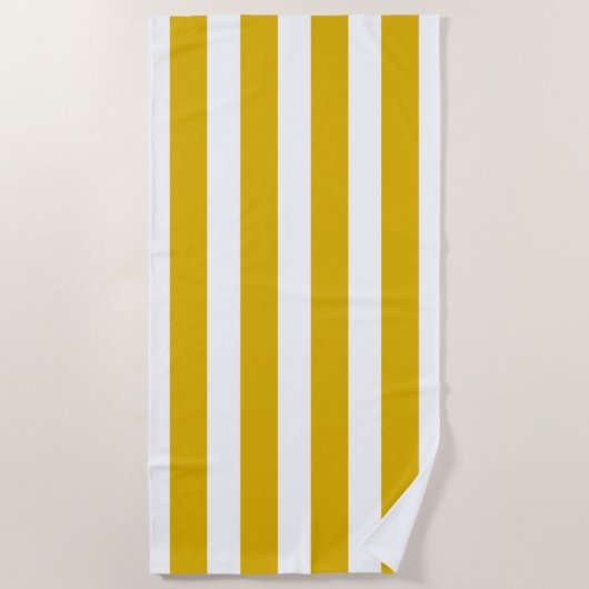 マスタードイエローと白の縦型ストライプ文字 ビーチタオル (正面)