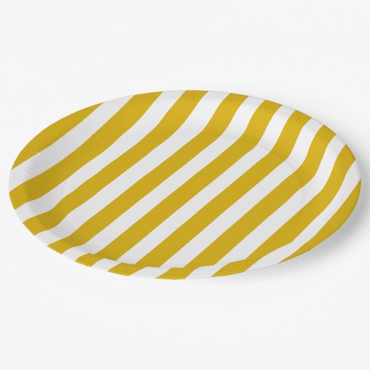 マスタードイエローと白の縦型ストライプ文字 ペーパープレート (アングル)