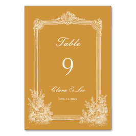 マスタードイエローのヴィンテージオルネートフレームウェディング テーブルナンバー