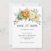 マスタードイエローの花とセージのグリーンが美しいモダンなウェディング セーブザデート (正面)