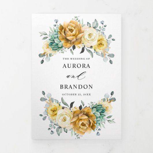 マスタードイエローの花とセージのグリーンが美しいモダンウェディング 三つ折り案内状 (カバー)