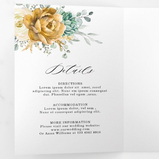 マスタードイエローの花とセージのグリーンが美しいモダンウェディング 三つ折り案内状 (内部最初)