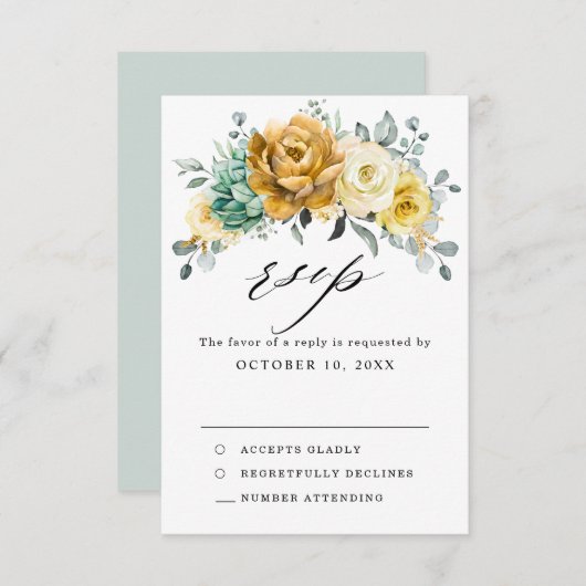 マスタードイエローの花とセージのグリーンが美しいモダンウェディング 出欠カード (正面/裏面)