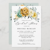マスタードイエローの花とセージのグリーンウェディングシャワー 招待状 (正面/裏面)