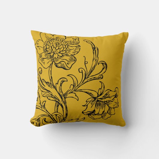 マスタードイエロースタイリッシュフローラ クッション (正面)