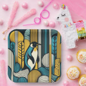 マスタードイエローティール（緑がかった色）ブルーペンギンレトロ幾何学 ペーパープレート (パーティー)