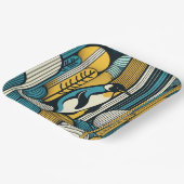 マスタードイエローティール（緑がかった色）ブルーペンギンレトロ幾何学 ペーパープレート (傾斜あり)