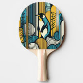 マスタードイエローティール(緑がかった色)ブルーペンギンレトロ幾何学 卓球ラケット (裏面)