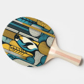 マスタードイエローティール(緑がかった色)ブルーペンギンレトロ幾何学 卓球ラケット (横)