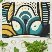 マスタードイエローティール(緑がかった色)ブルーペンギン抽象芸術波 キッチンタオル (折り畳み)