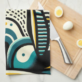 マスタードイエローティール(緑がかった色)ブルーペンギン抽象芸術波 キッチンタオル (四つ折り)