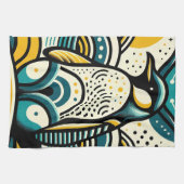 マスタードイエローティール(緑がかった色)ブルーペンギン抽象芸術波 キッチンタオル (横)