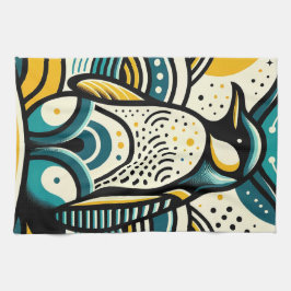 マスタードイエローティール（緑がかった色）ブルーペンギン抽象芸術波 キッチンタオル