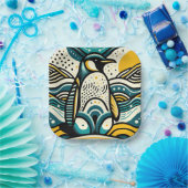 マスタードイエローティール（緑がかった色）ブルーペンギン抽象芸術波 ペーパープレート (パーティー)